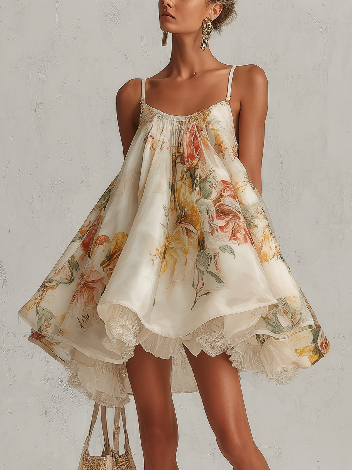 Blanche | Robe Mini Trapèze Fleurie Beige