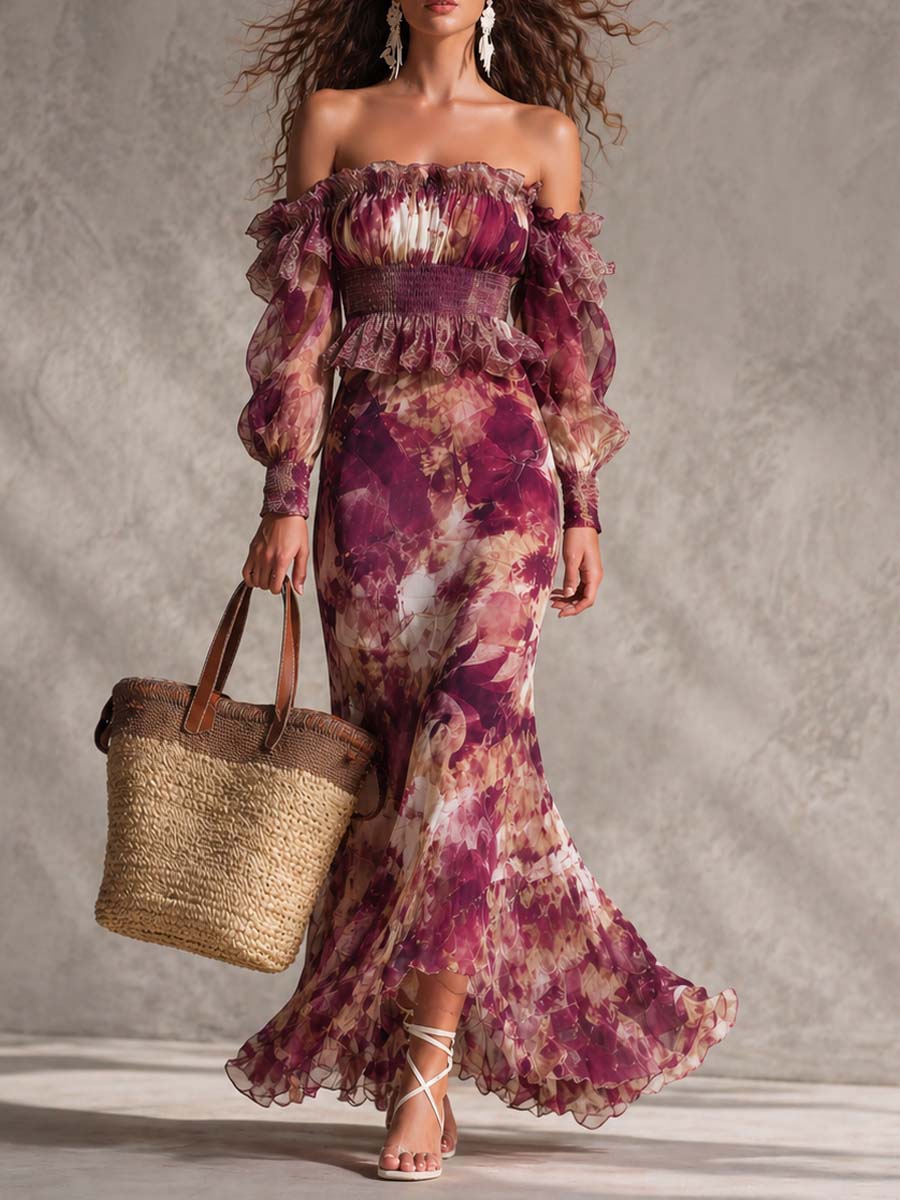 Françoise | Robe maxi rose à imprimé floral et épaules dénudées