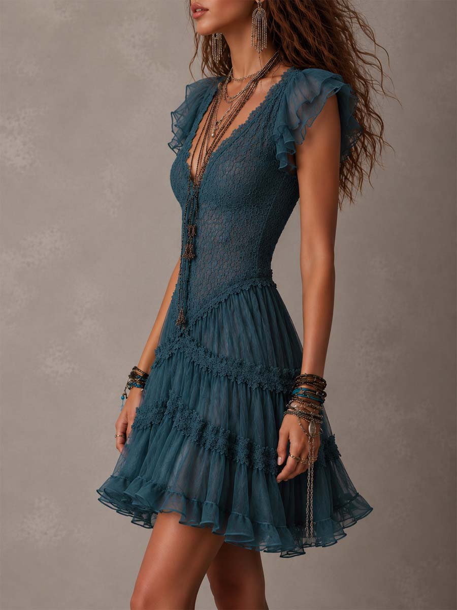 Azurine | Mini Robe à Volants Bleue Rétro