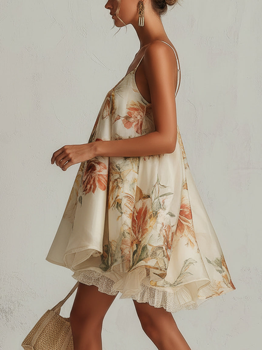 Blanche | Robe Mini Trapèze Fleurie Beige
