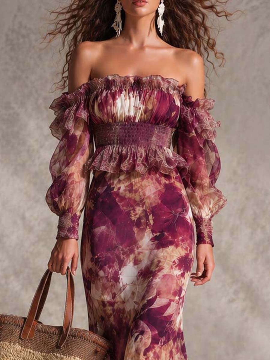 Françoise | Robe maxi rose à imprimé floral et épaules dénudées