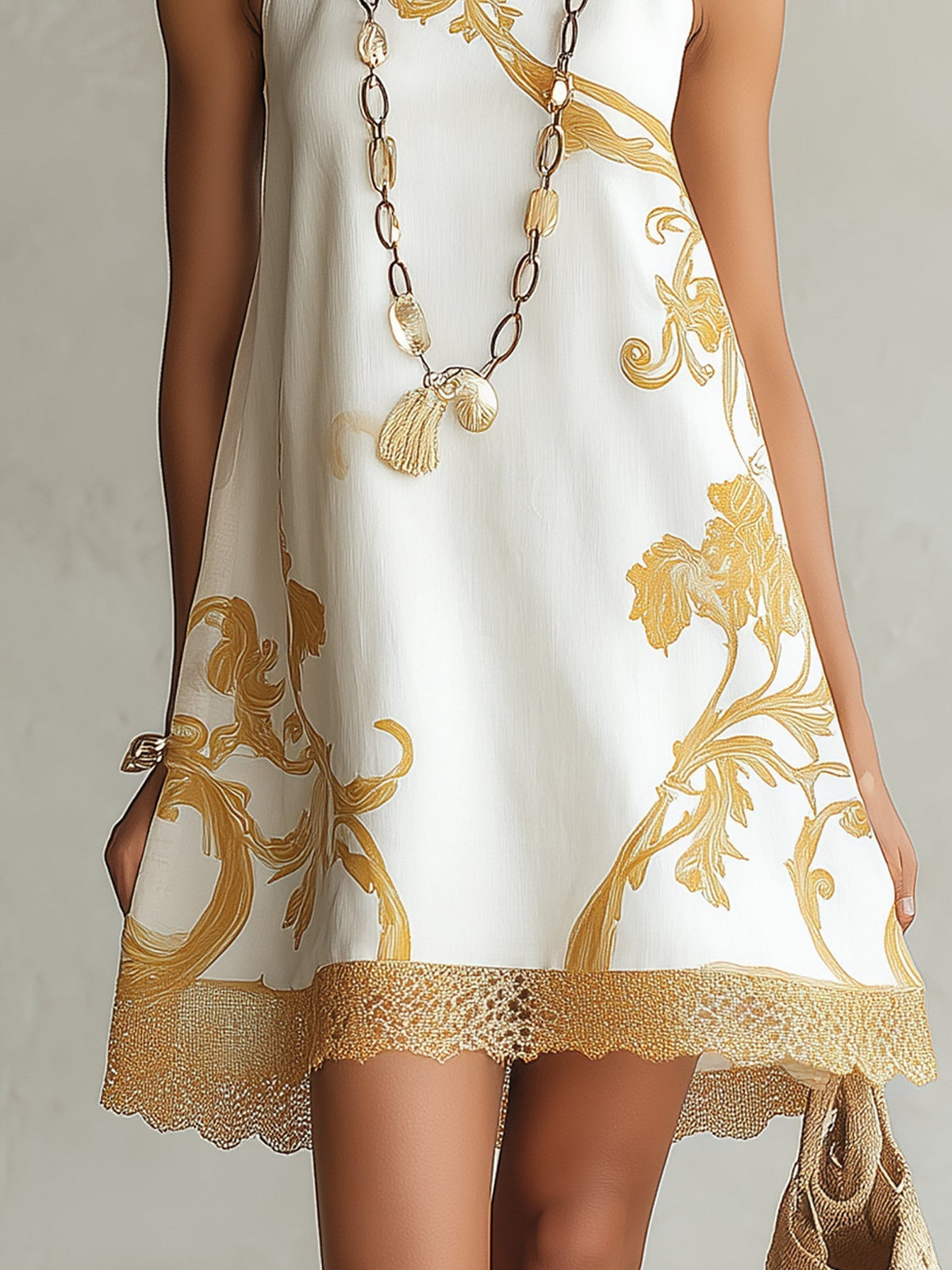 Hélia | Robe Mini Blanche à Motifs Dorés