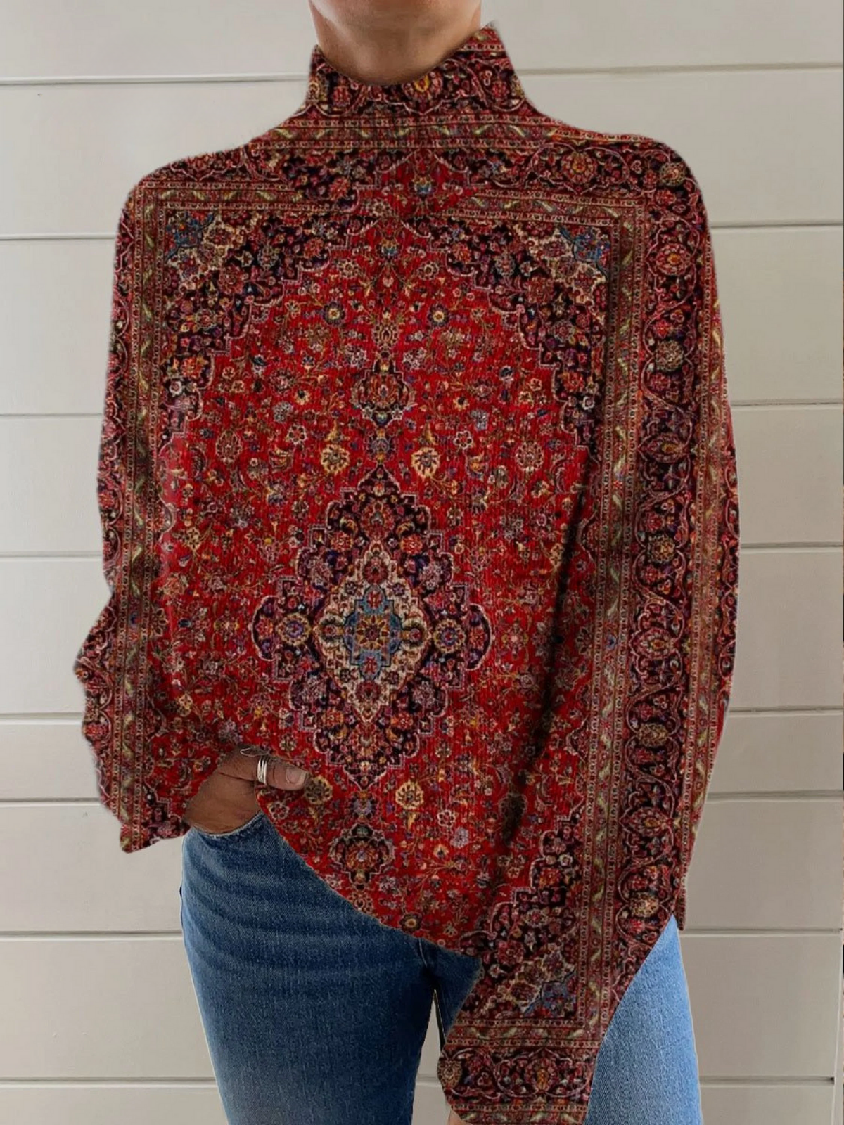 Grâce | Pull Col Roulé Imprimé Ornemental Vintage