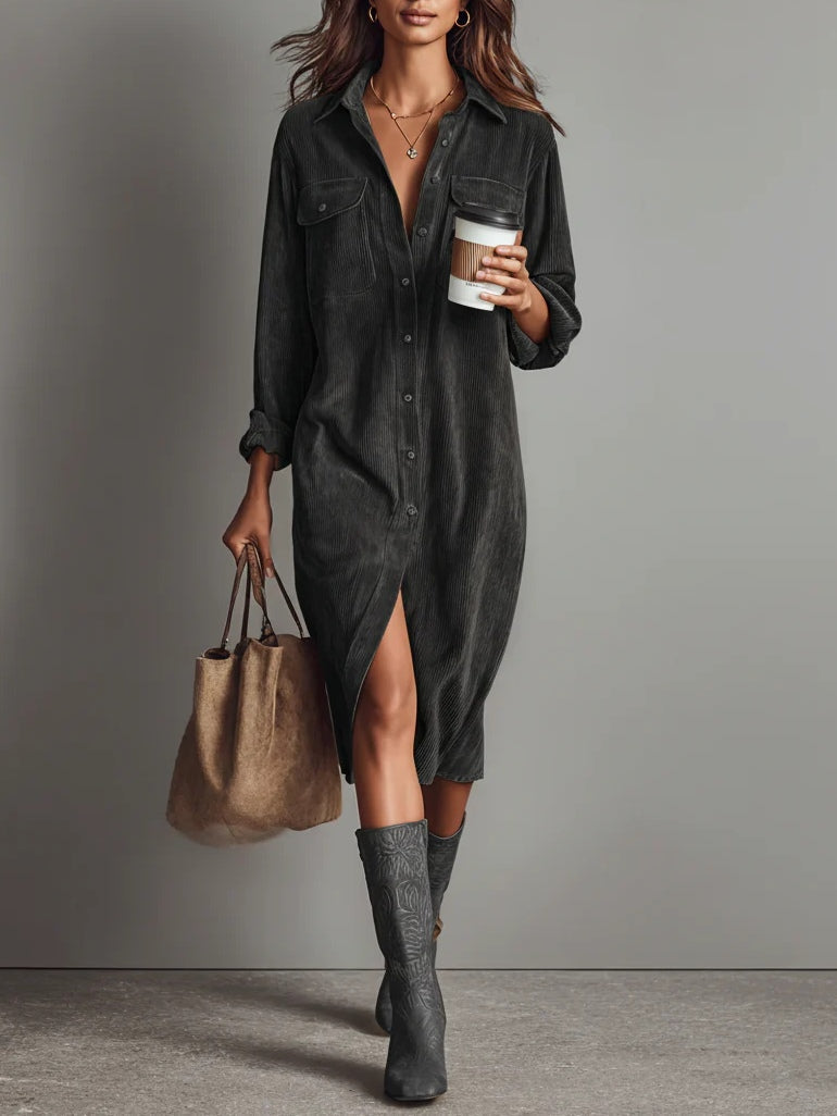 Béatrice | Robe Midi à Poches et Boutonnage Simple