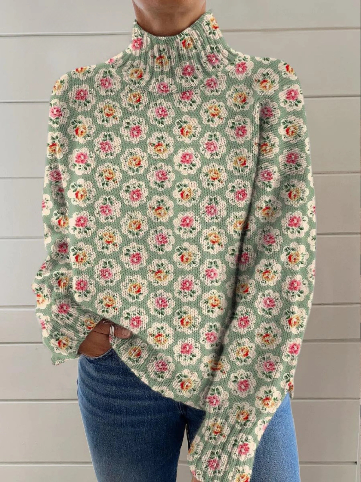 Marlène | Pull Col Montant Fleuri