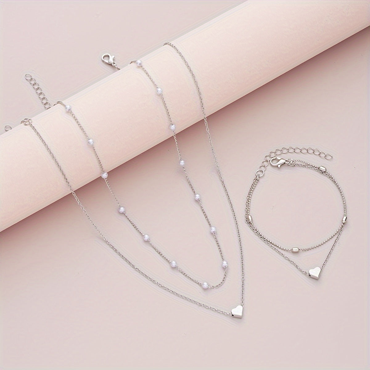 Margaux | Set Bijoux Cœur & Perles Superposés