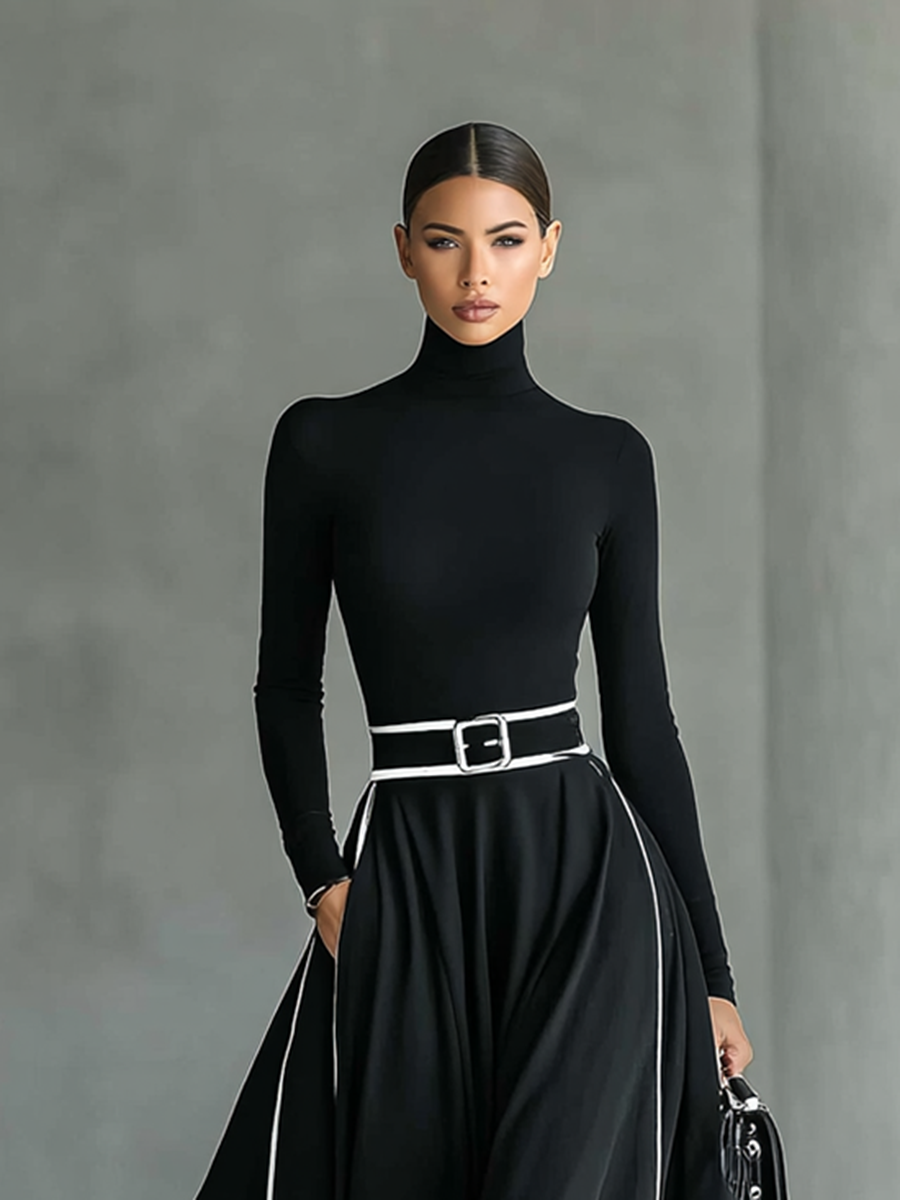 Gina | Robe longue à col montant et surpiqûres