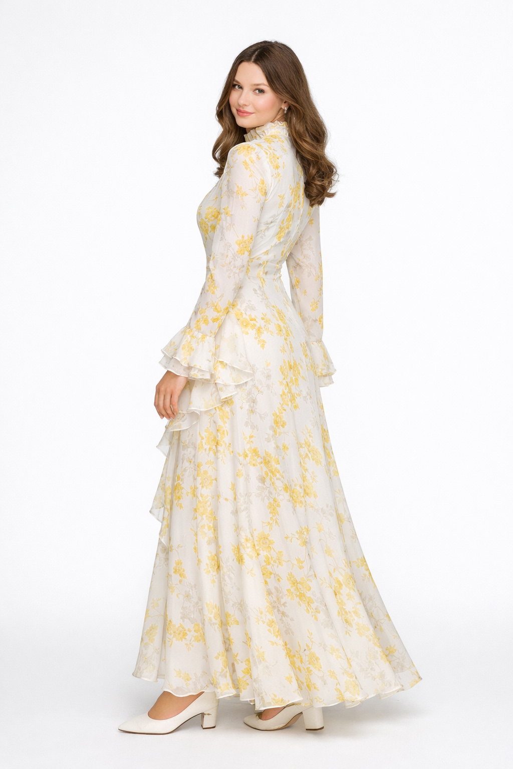 Elisabeth | Robe maxi asymétrique beige à col roulé et imprimé peinture à l'huile