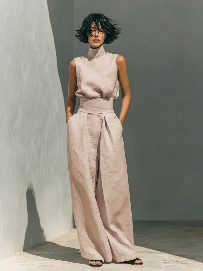 Julie | Ensemble deux pièces beige avec haut sans manches et pantalon large