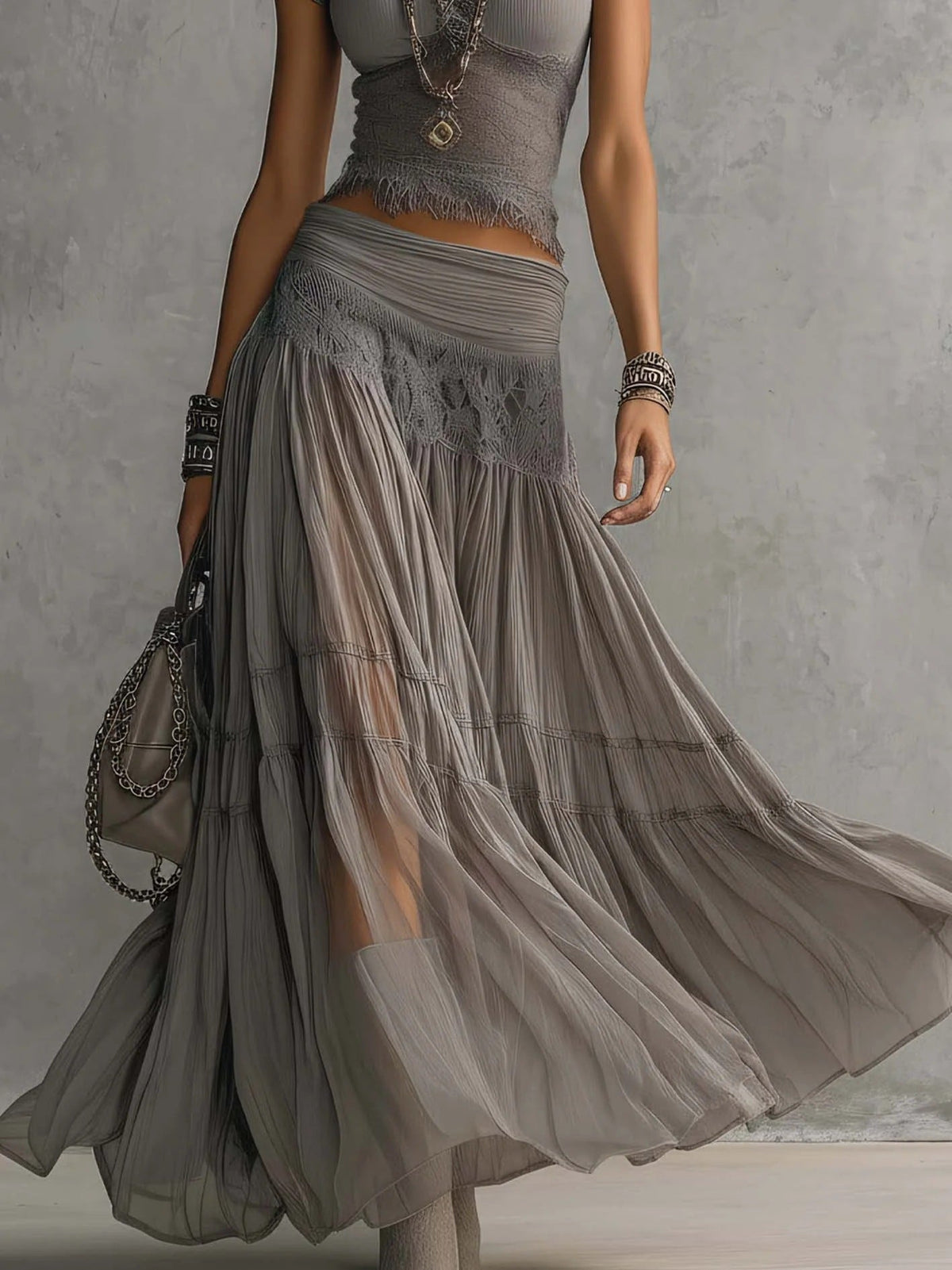 Marianne | Ensemble Top Gris Transparent et Jupe Maxi Plissée
