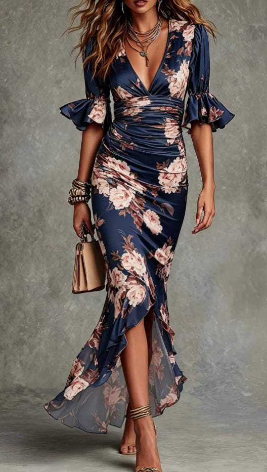 Anne | Robe Longue Asymétrique Verte à Décolleté en V