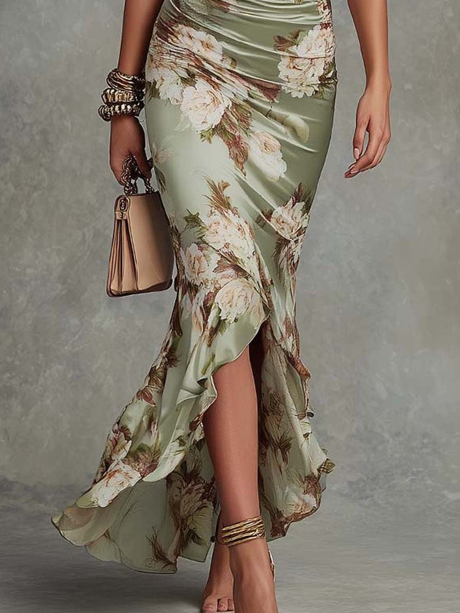 Anne | Robe Longue Asymétrique Verte à Décolleté en V