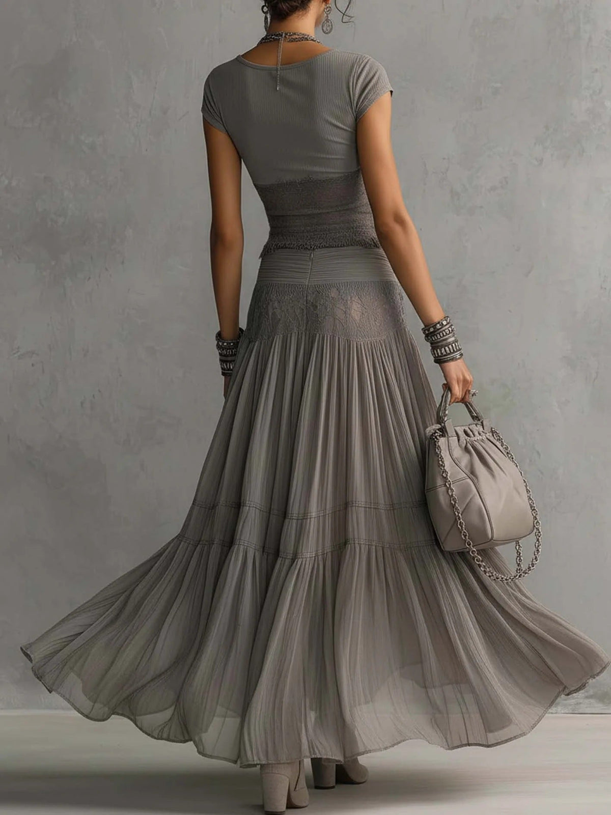 Marianne | Ensemble Top Gris Transparent et Jupe Maxi Plissée