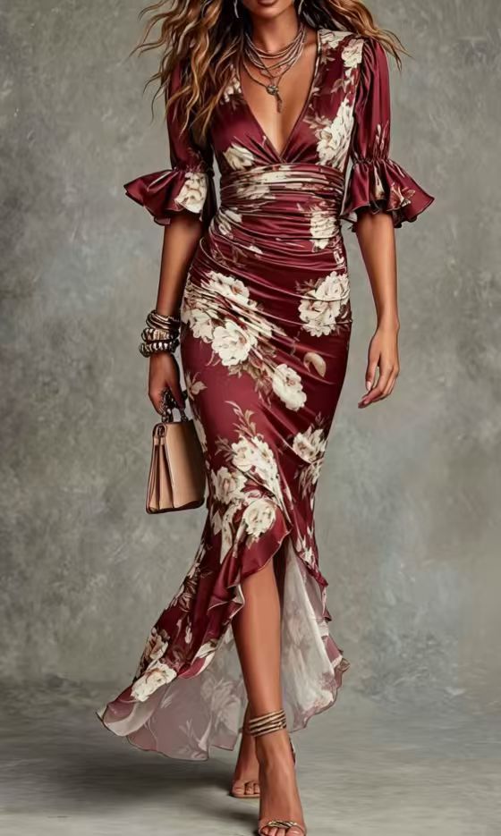 Anne | Robe Longue Asymétrique Verte à Décolleté en V