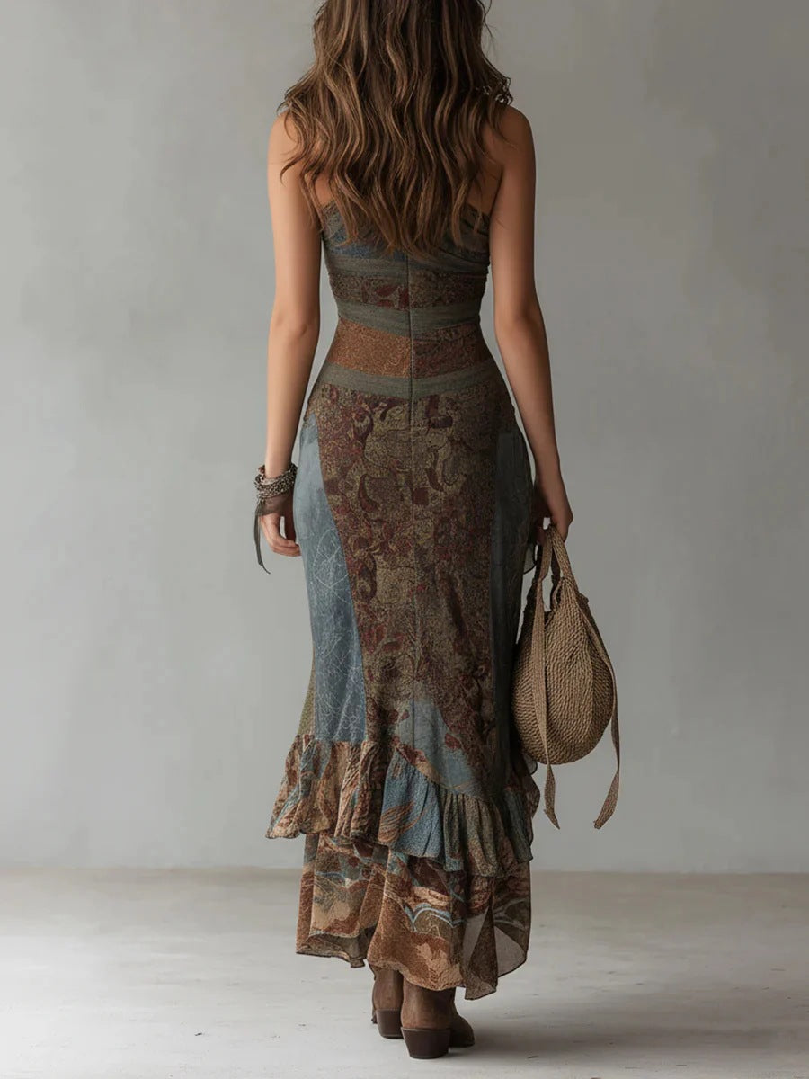 Colombe | Robe Longue Asymétrique Patchwork Rétro à Fente Haute