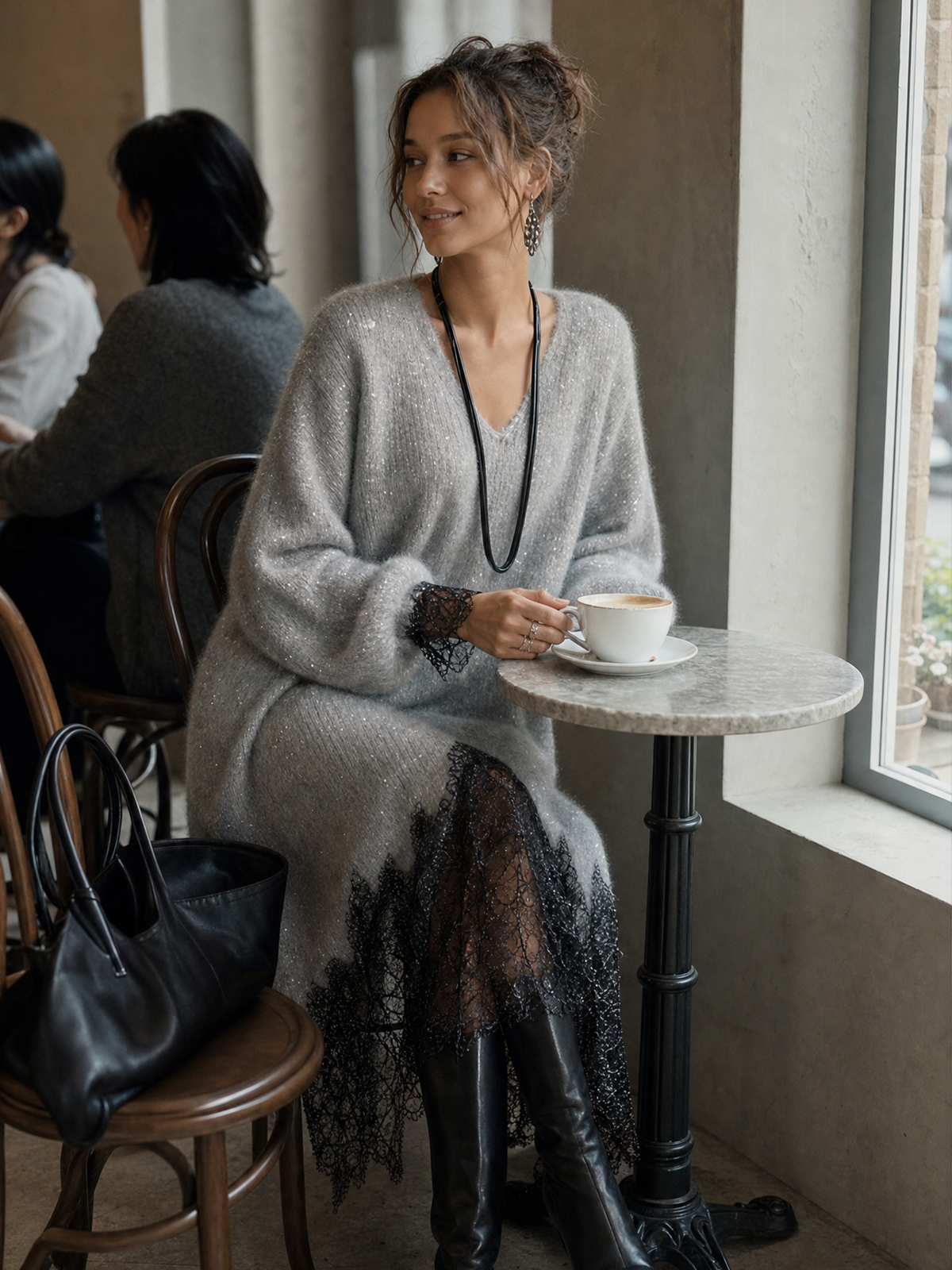 Grazia | Robe midi grise à ourlet ajouré