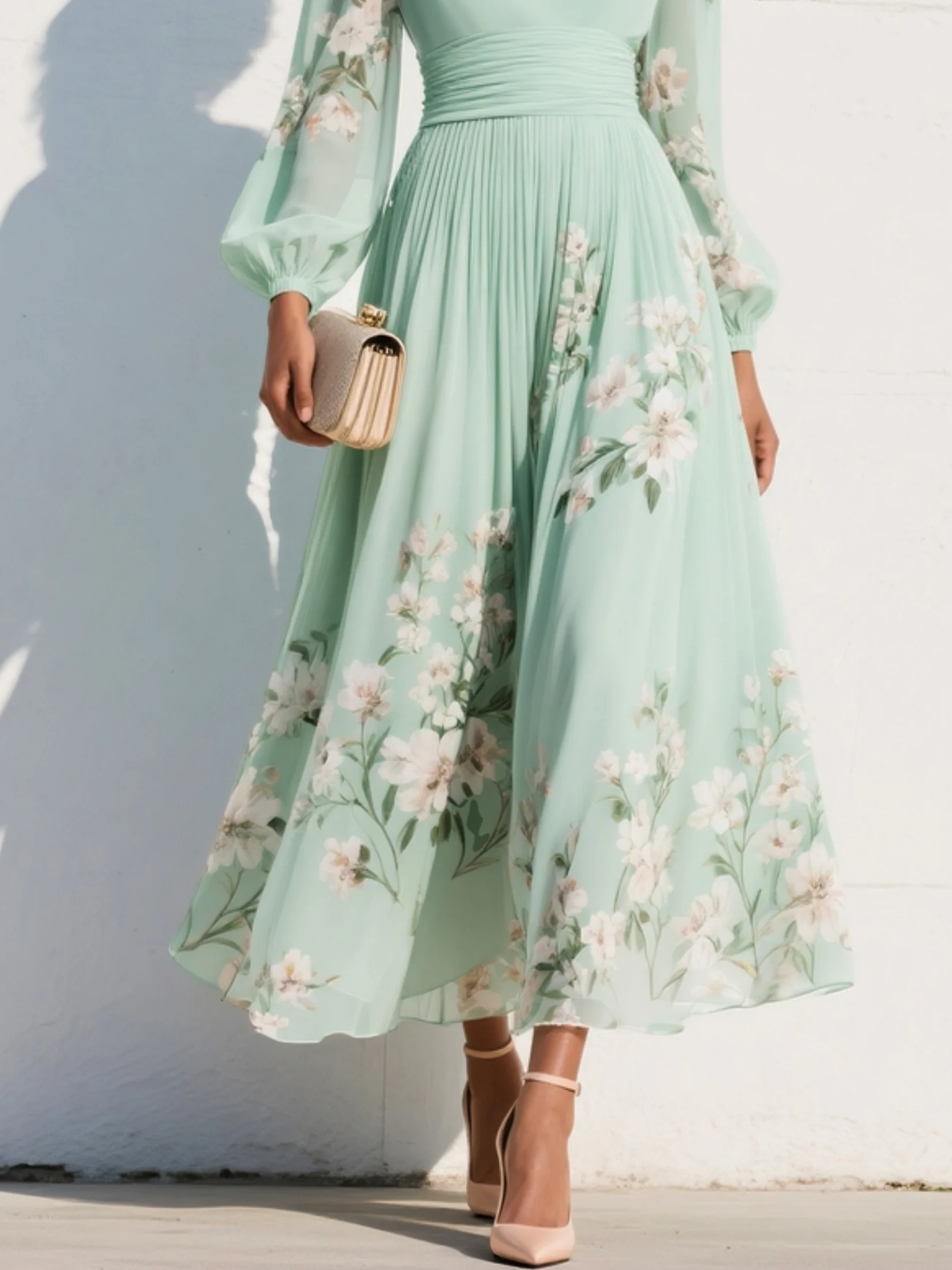 Susane | Robe maxi plissée vert menthe à imprimé fleuri