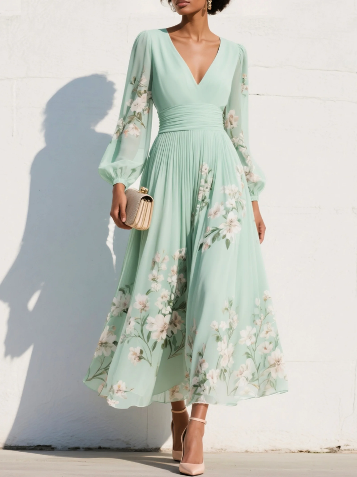 Susane | Robe maxi plissée vert menthe à imprimé fleuri