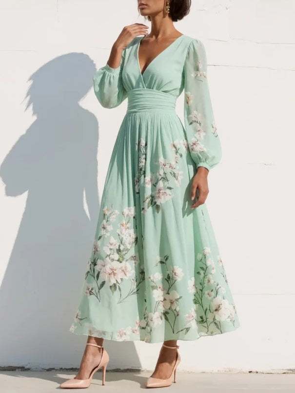 Susane | Robe maxi plissée vert menthe à imprimé fleuri
