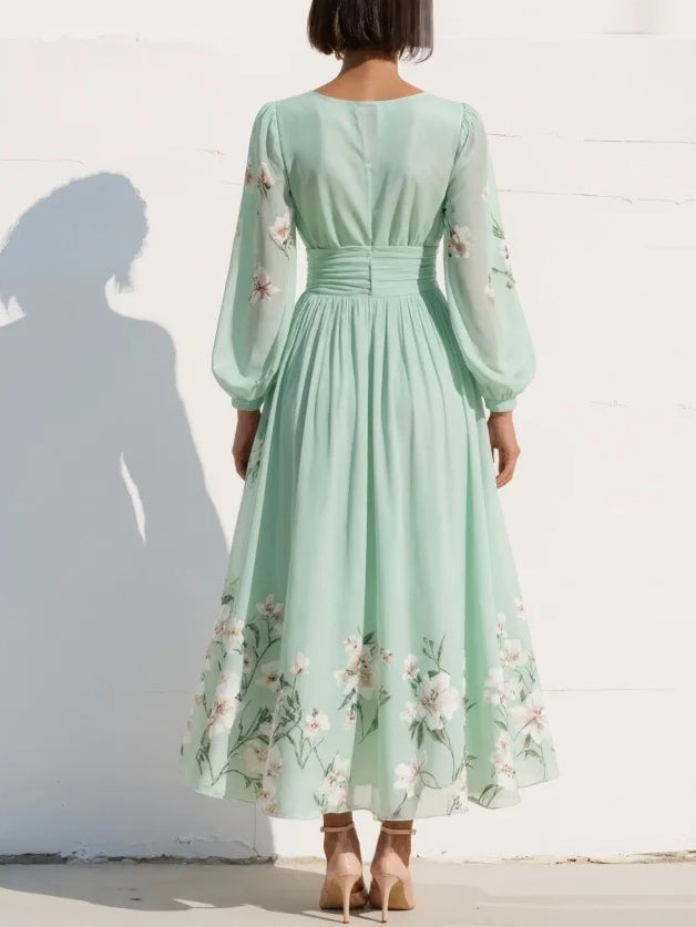 Susane | Robe maxi plissée vert menthe à imprimé fleuri
