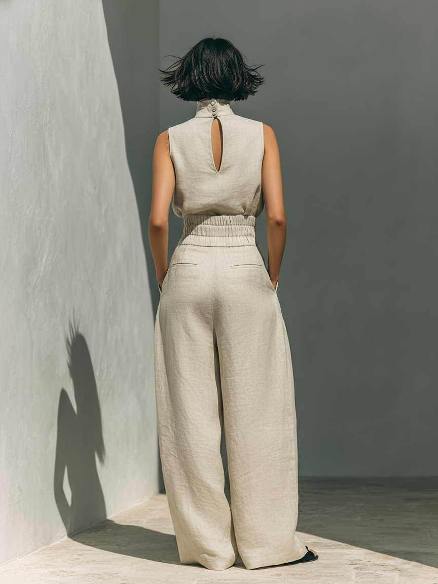 Julie | Ensemble deux pièces beige avec haut sans manches et pantalon large
