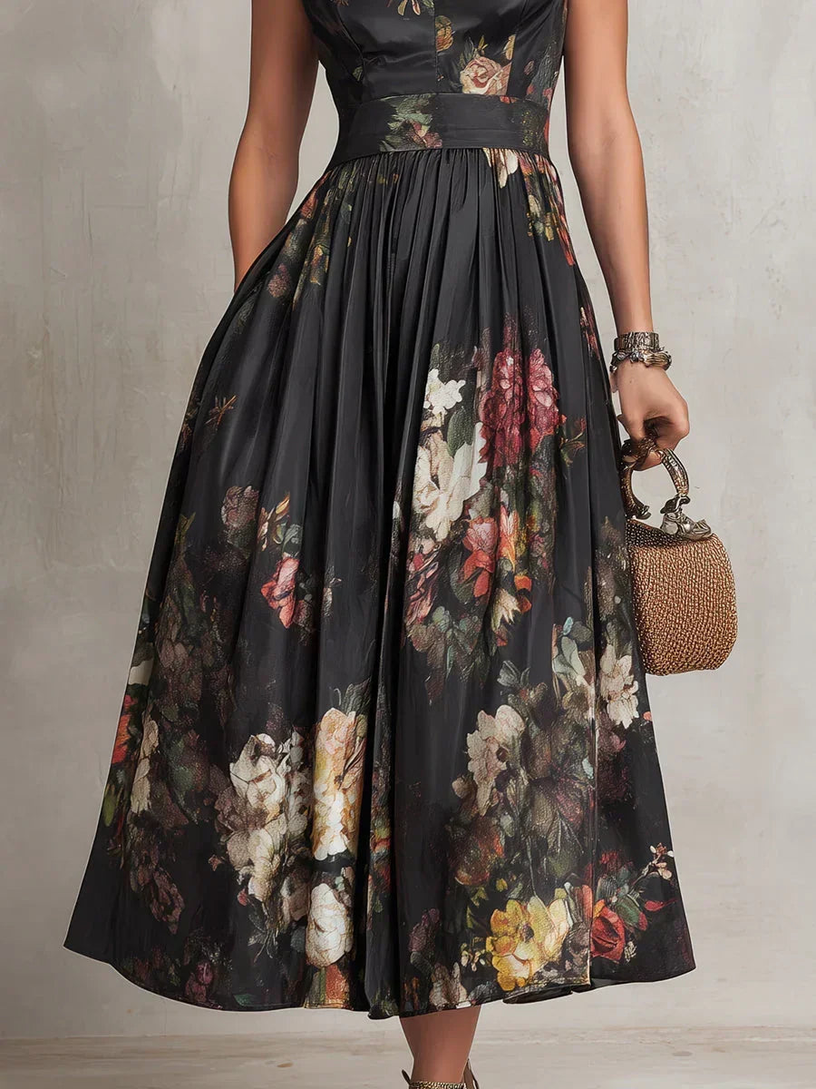 Salomé | Robe Midi Noire Plissée à Motif Floral et Col Haut