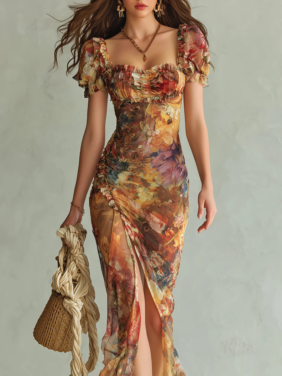 Herminie | Robe Maxi Orange à Imprimé Peinture à l'Huile Style Bohème