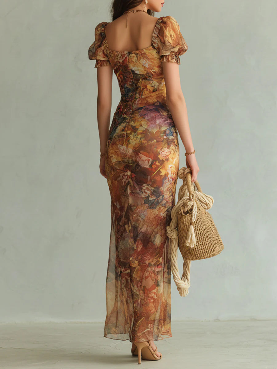 Herminie | Robe Maxi Orange à Imprimé Peinture à l'Huile Style Bohème
