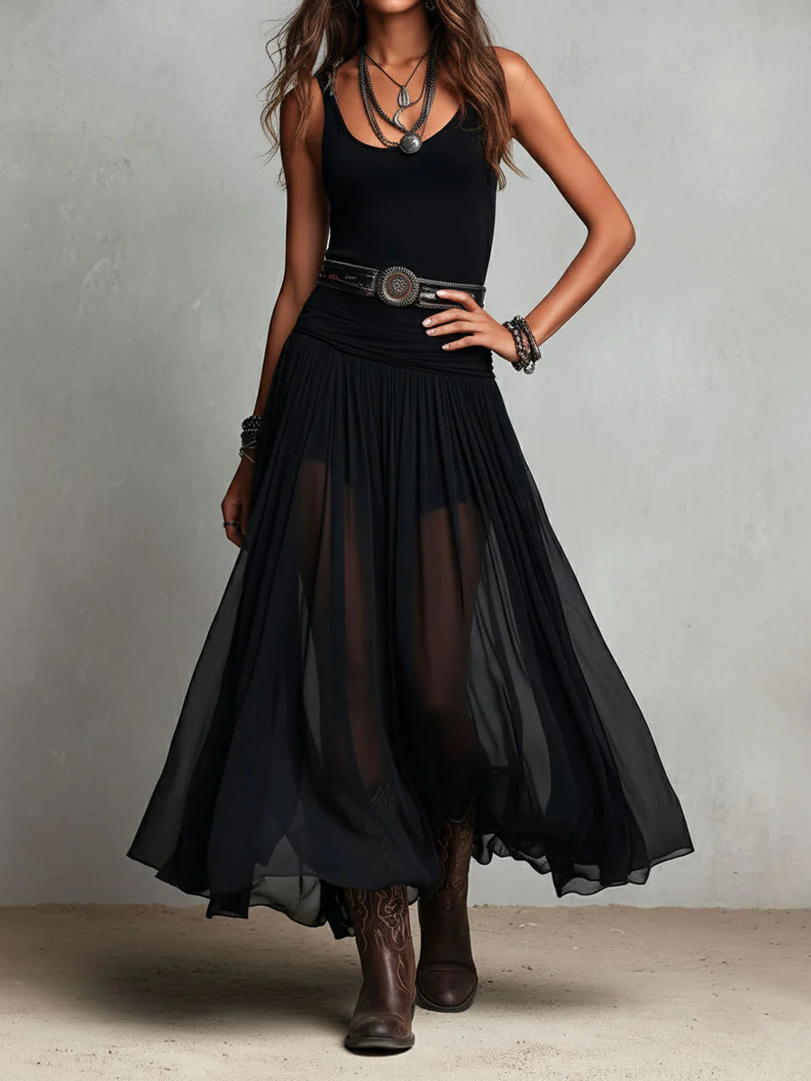 Thaïs | Robe maxi noire sans manches à jupe vaporeuse (avec ceinture)