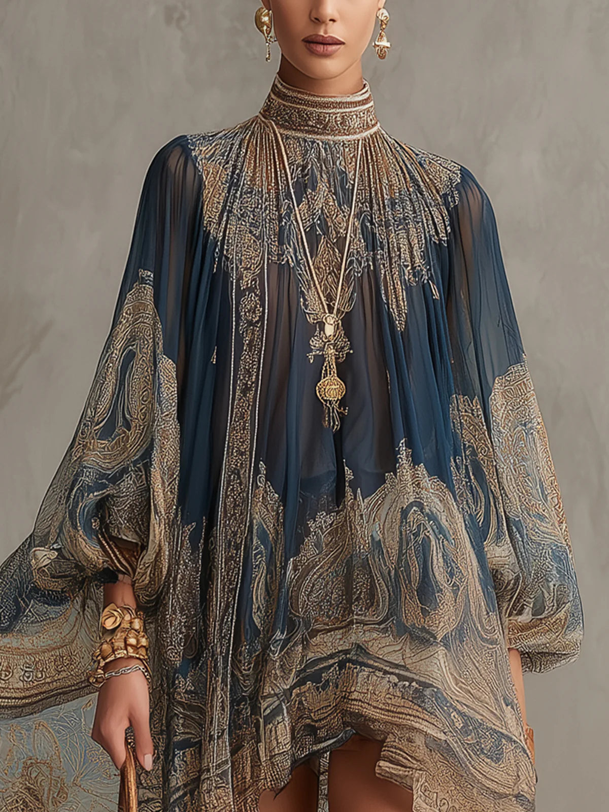 Agathe | Robe courte asymétrique bleu marine à col montant et imprimé baroque