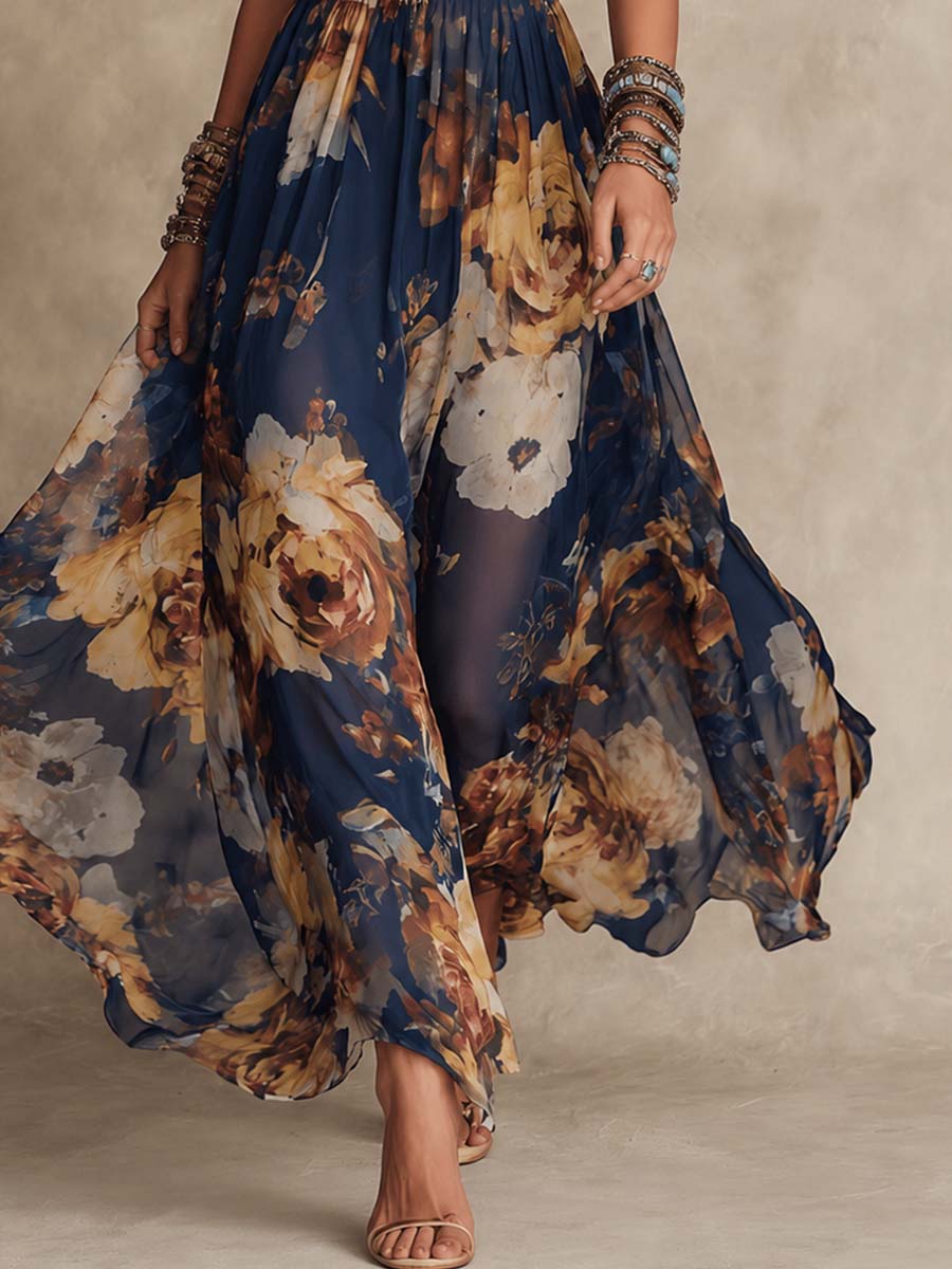 Adrienne | Robe Maxi Bleu Marine à Imprimé Floral et Fines Bretelles
