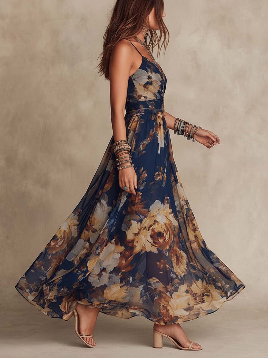 Adrienne | Robe Maxi Bleu Marine à Imprimé Floral et Fines Bretelles