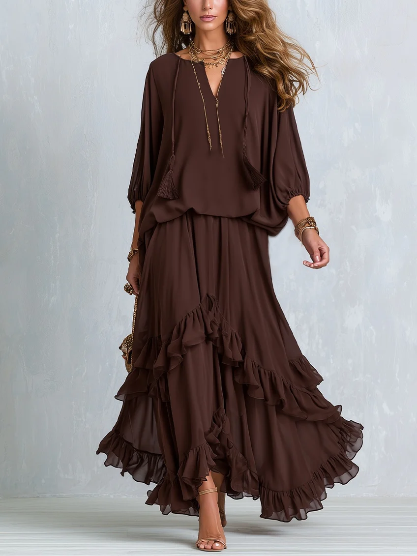 Ondine | Ensemble Haut Marron à Franges et Jupe Volantée