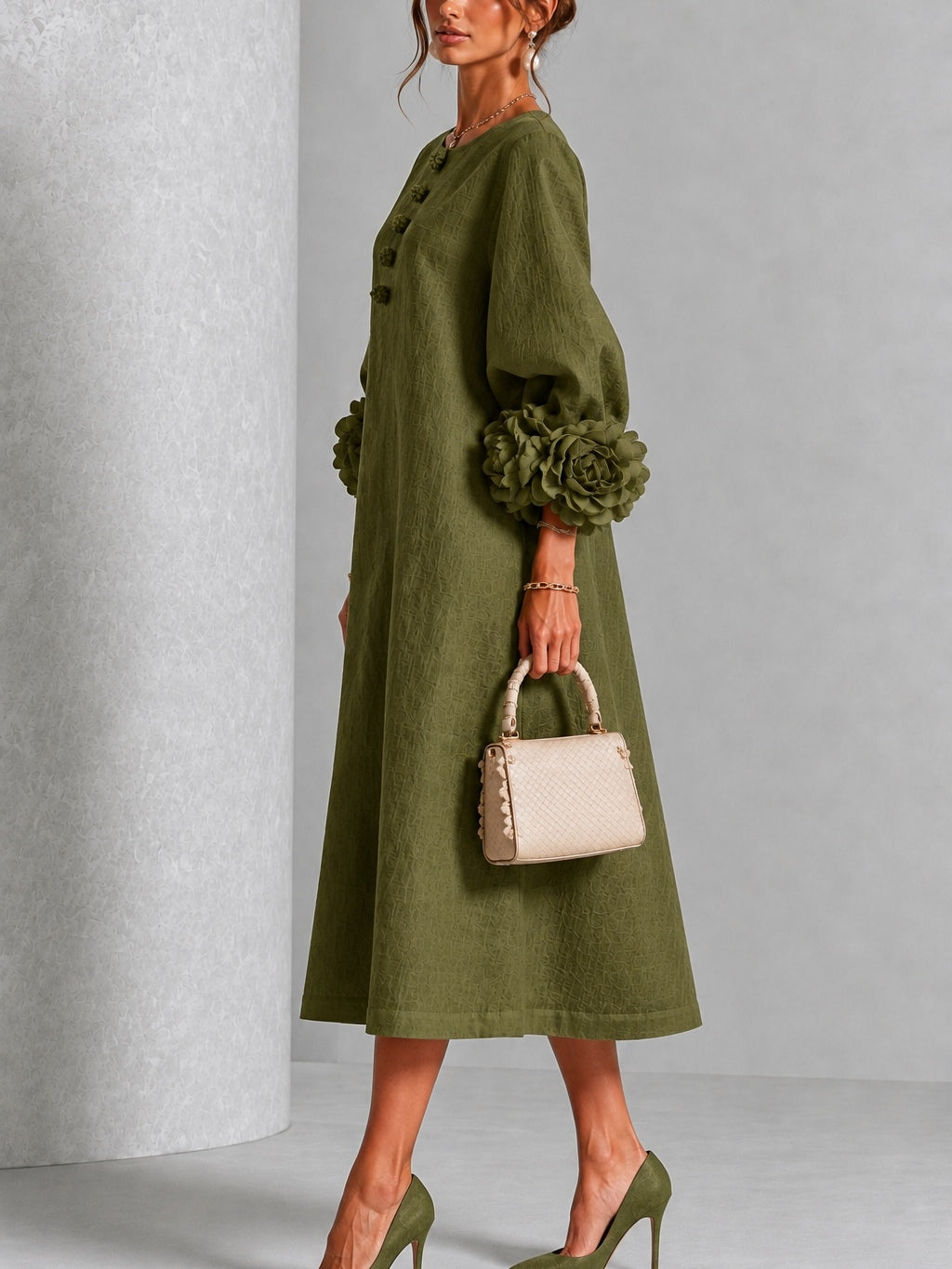 Olivia | Robe Boutonnée Fleurie Olive