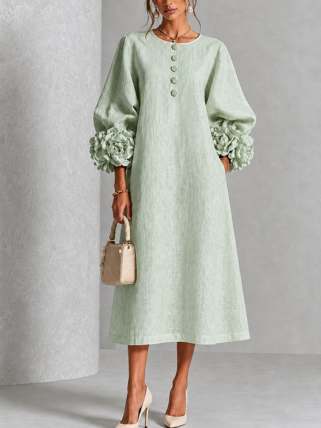 Sabine | Robe Boutonnée Fleurie Vert Sauge