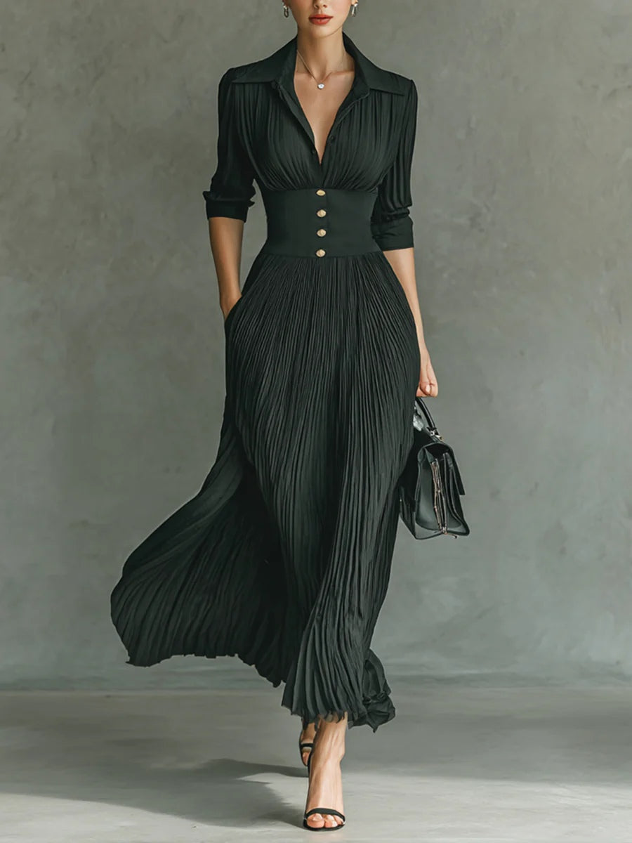 Elvina | Robe Longue Plissée à Revers et Taille Haute