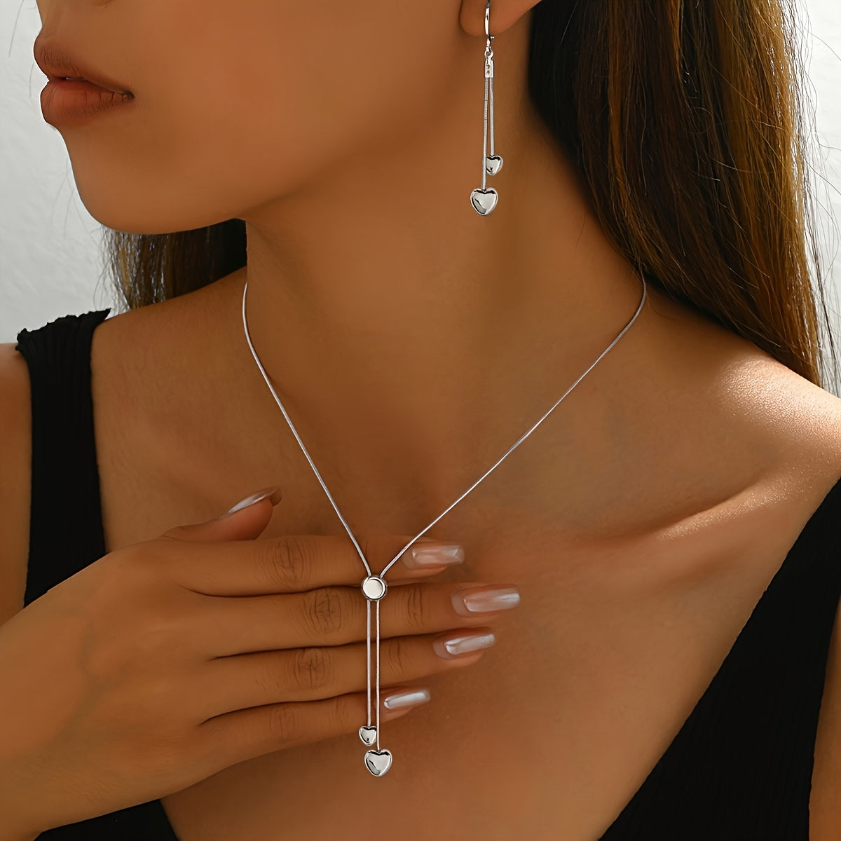 Rosalie | Set Collier Pendentif Cœur Ajustable & Boucles d'Oreilles
