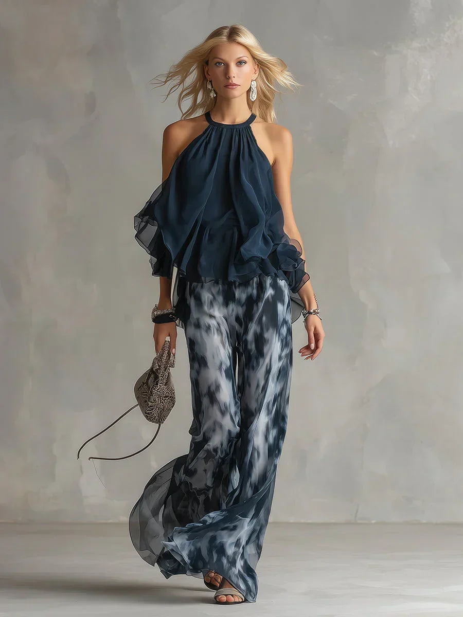 Ludivine | Ensemble Élégant avec Top Col Haut et Pantalon Large Imprimé