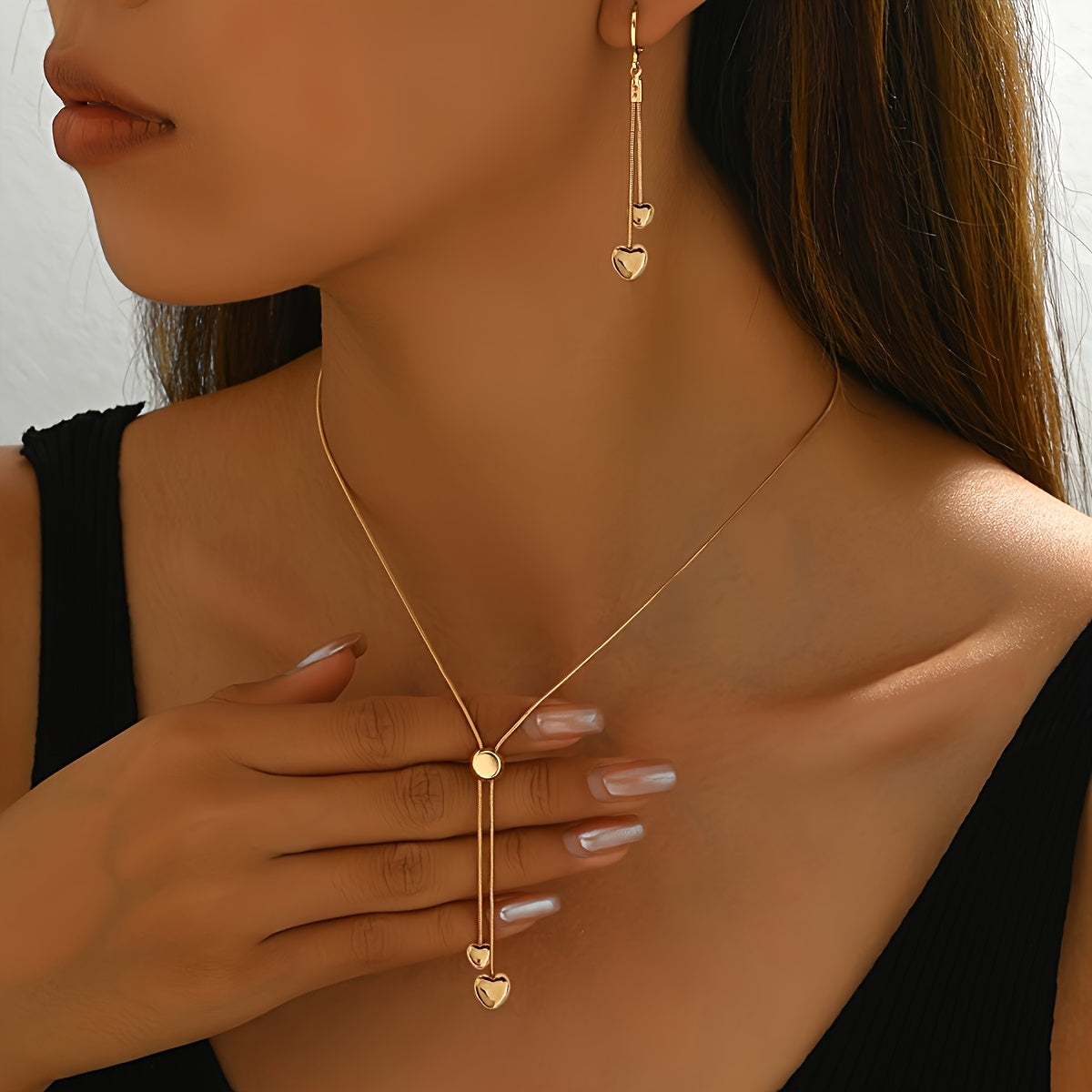 Rosalie | Set Collier Pendentif Cœur Ajustable & Boucles d'Oreilles