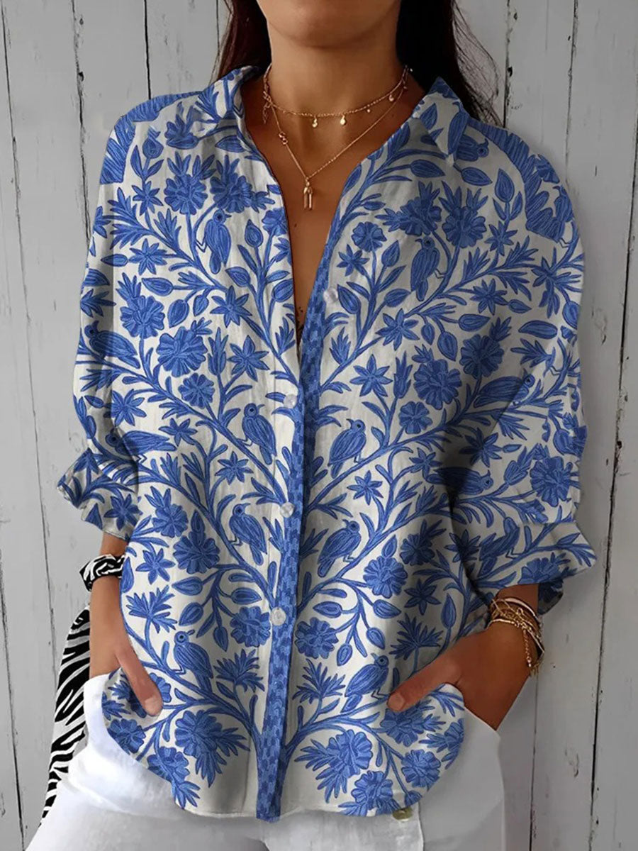 Frédérique | Blouse Bleue à Motif Jardin