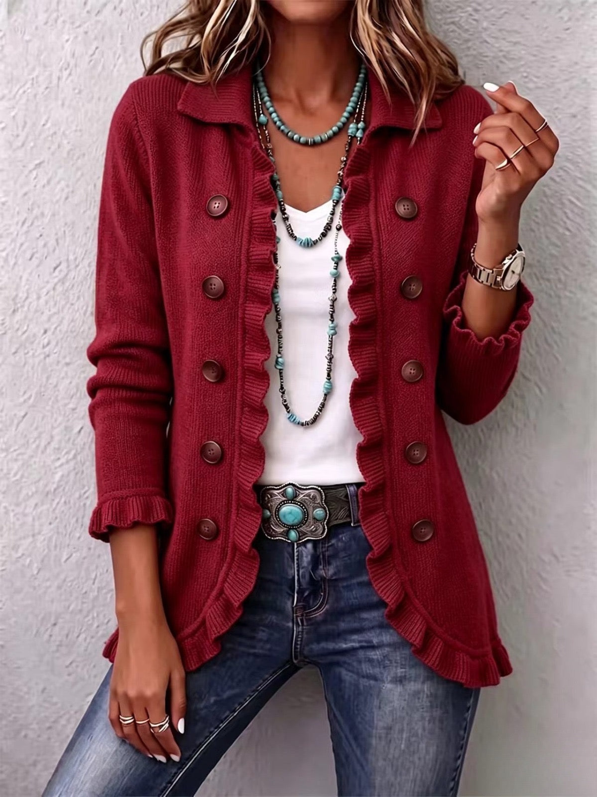 Marthe | Veste Côtelée Rouge Rubis à Volants