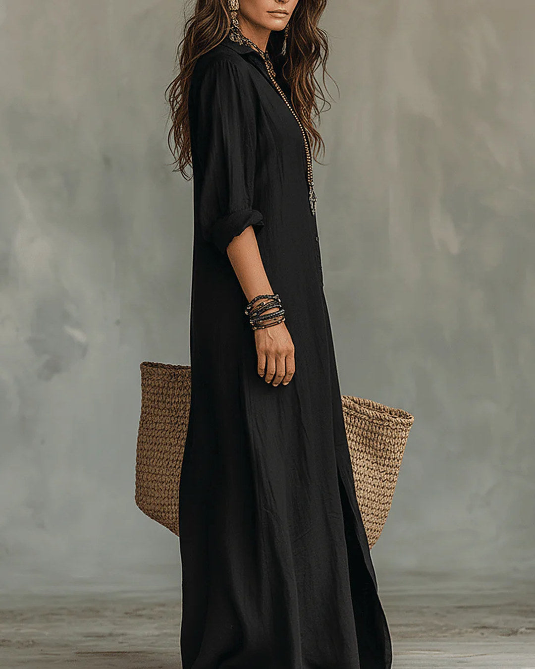 Soline | Robe Longue Noire Souple à Boutons