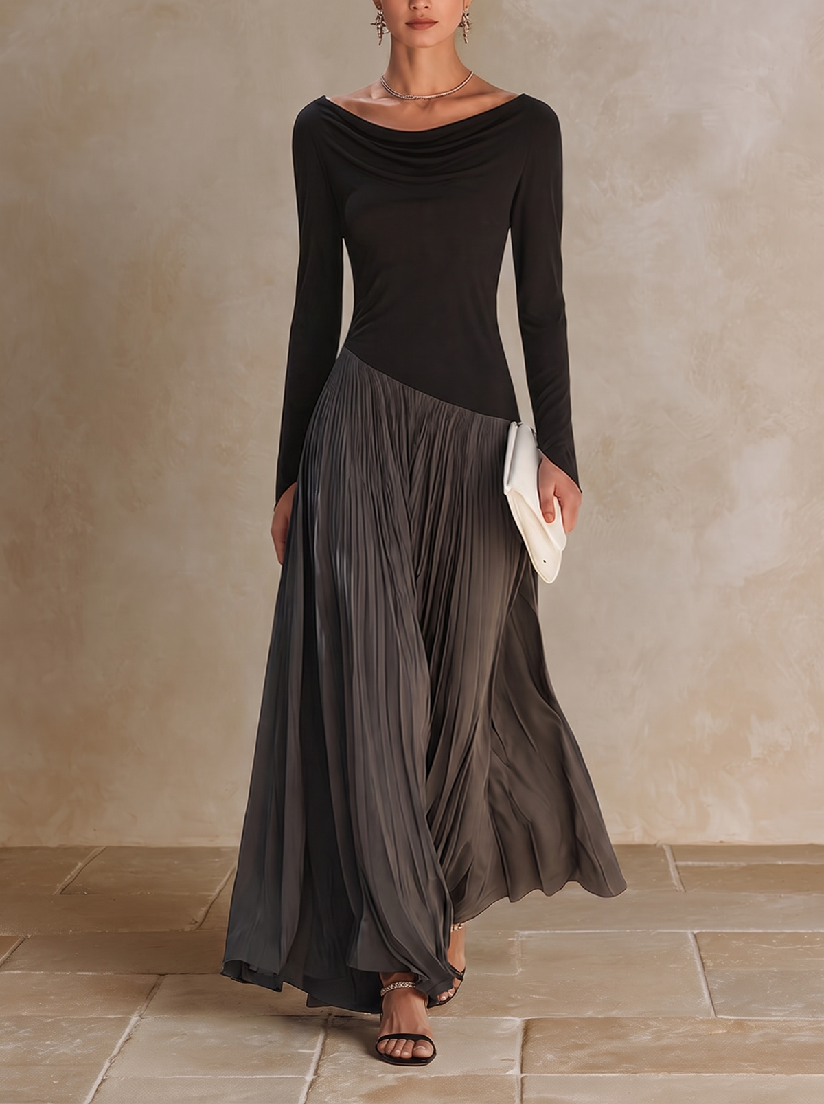 Marine | Robe Maxi Plissée à Col Drapé Bicolore Noir et Gris