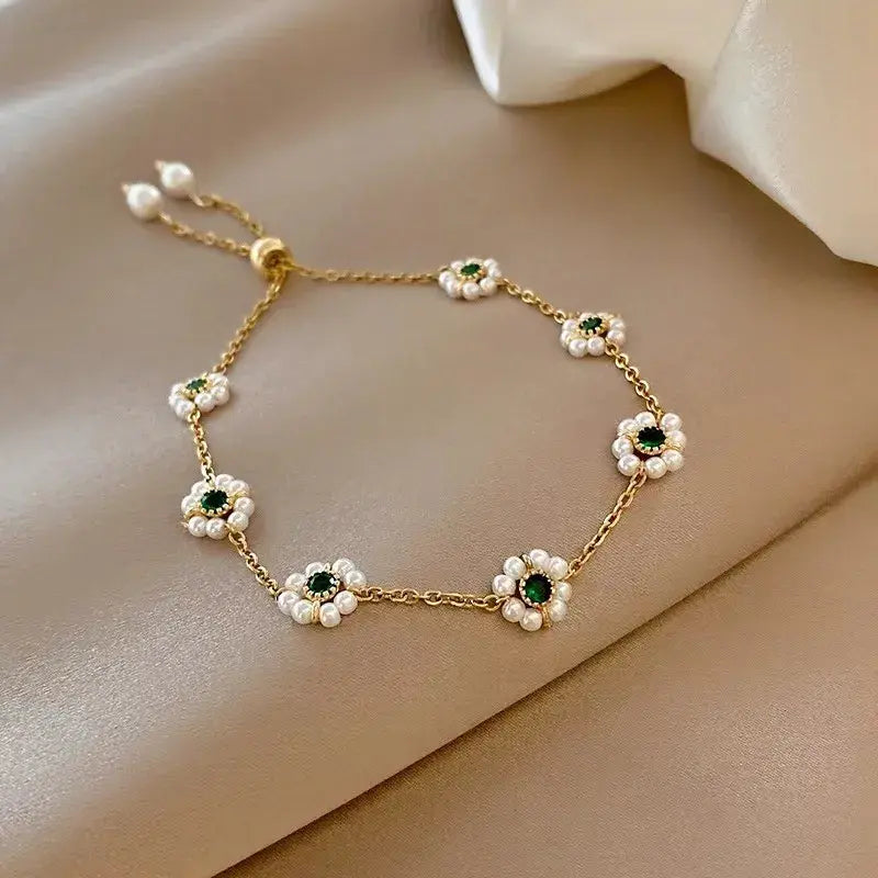 Marguerite | Bracelet Doré Marguerite aux Cristaux Verts