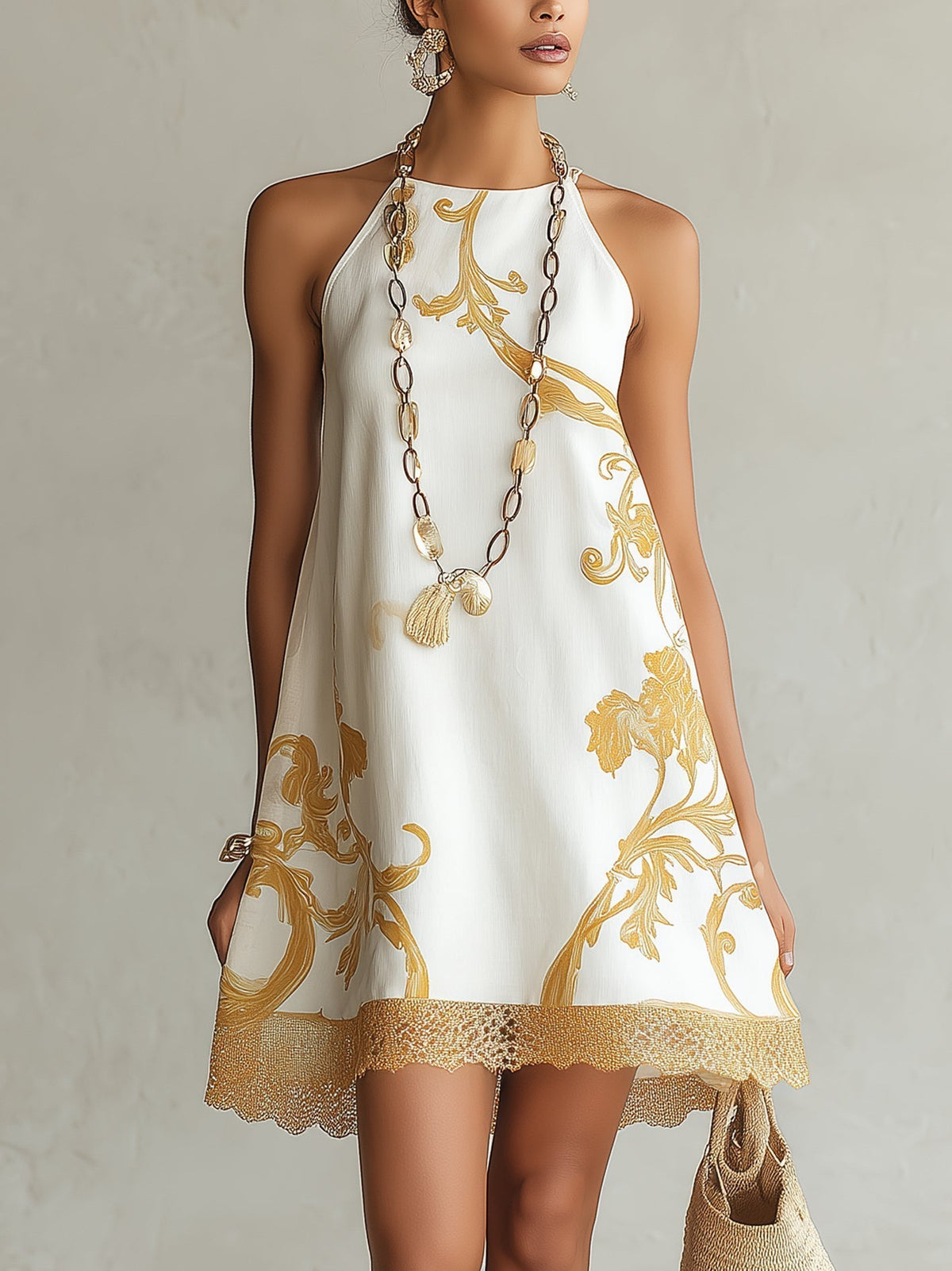 Hélia | Robe Mini Blanche à Motifs Dorés