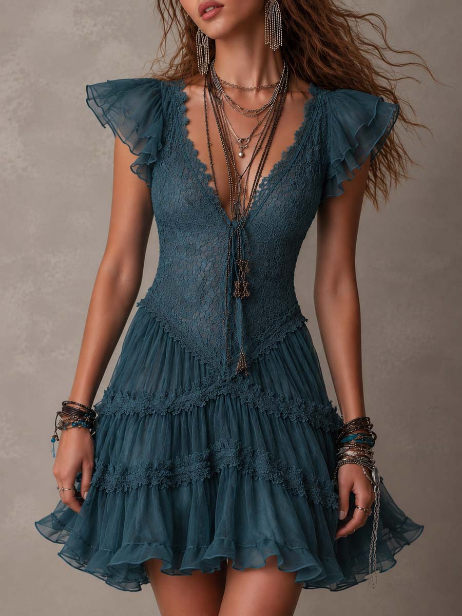 Azurine | Mini Robe à Volants Bleue Rétro
