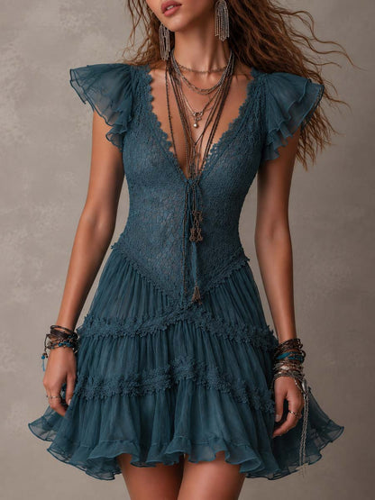 Azurine | Mini Robe à Volants Bleue Rétro