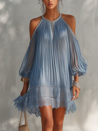 Séraphine | Robe Mini Bleue à Épaules Dénudées Froncée
