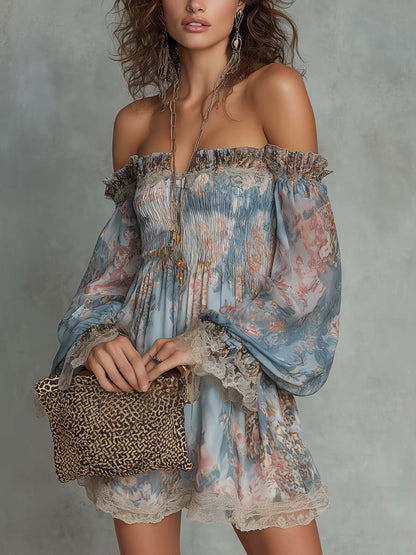Romane | Robe Mini Froncée à Épaules Dénudées et Fleurs Romantiques