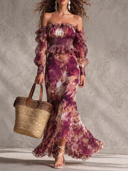 Françoise | Robe maxi rose à imprimé floral et épaules dénudées